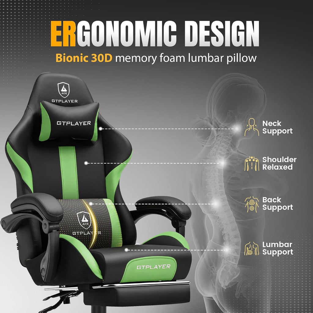GTPLAYER Gaming Chair with Foot Rest & Pocket Spring Cushion, Ergonomic High Back Computer Chair with Headrest & 360°-Swivel Seat for Home Office Desk, PU Leather, Vivid Green