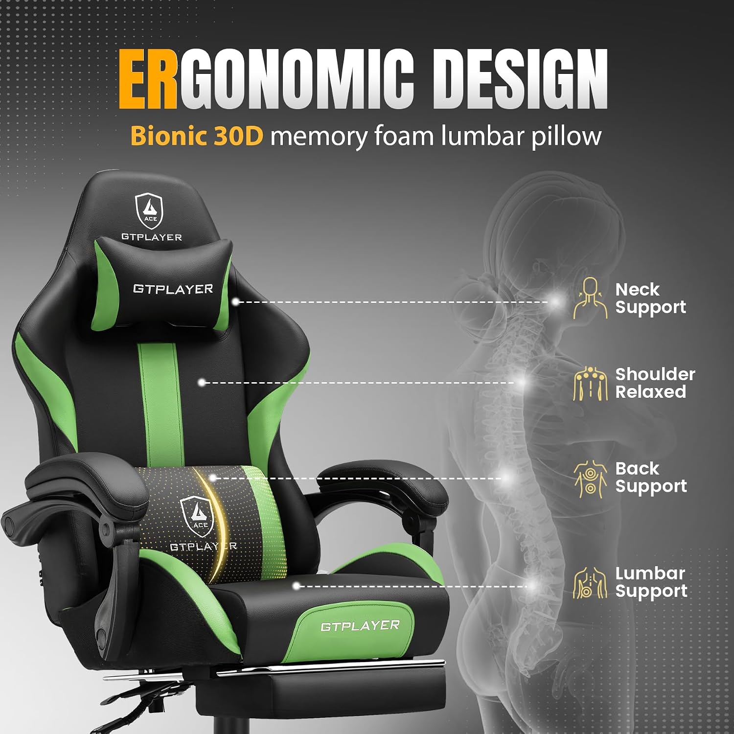 GTPLAYER Gaming Chair with Foot Rest & Pocket Spring Cushion, Ergonomic High Back Computer Chair with Headrest & 360°-Swivel Seat for Home Office Desk, PU Leather, Vivid Green