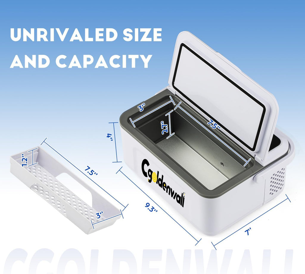 CGOLDENWALL Portable Insulin Cooler Box for Max.12 Pens, 7.5 * 3 * 2.7inches Internal Capacity 32-64℉ Setting with 5V 13600MAH Battery Mini Medicine Refrigerator for Home &Outdoor Use