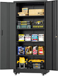 INTERGREAT Metal Storage Cabinet with Wheels, 73' H Rolling Metal Cabinets with Doors and Shelves, Black Steel Lockable Cabinet on Wheels for Garage Storage