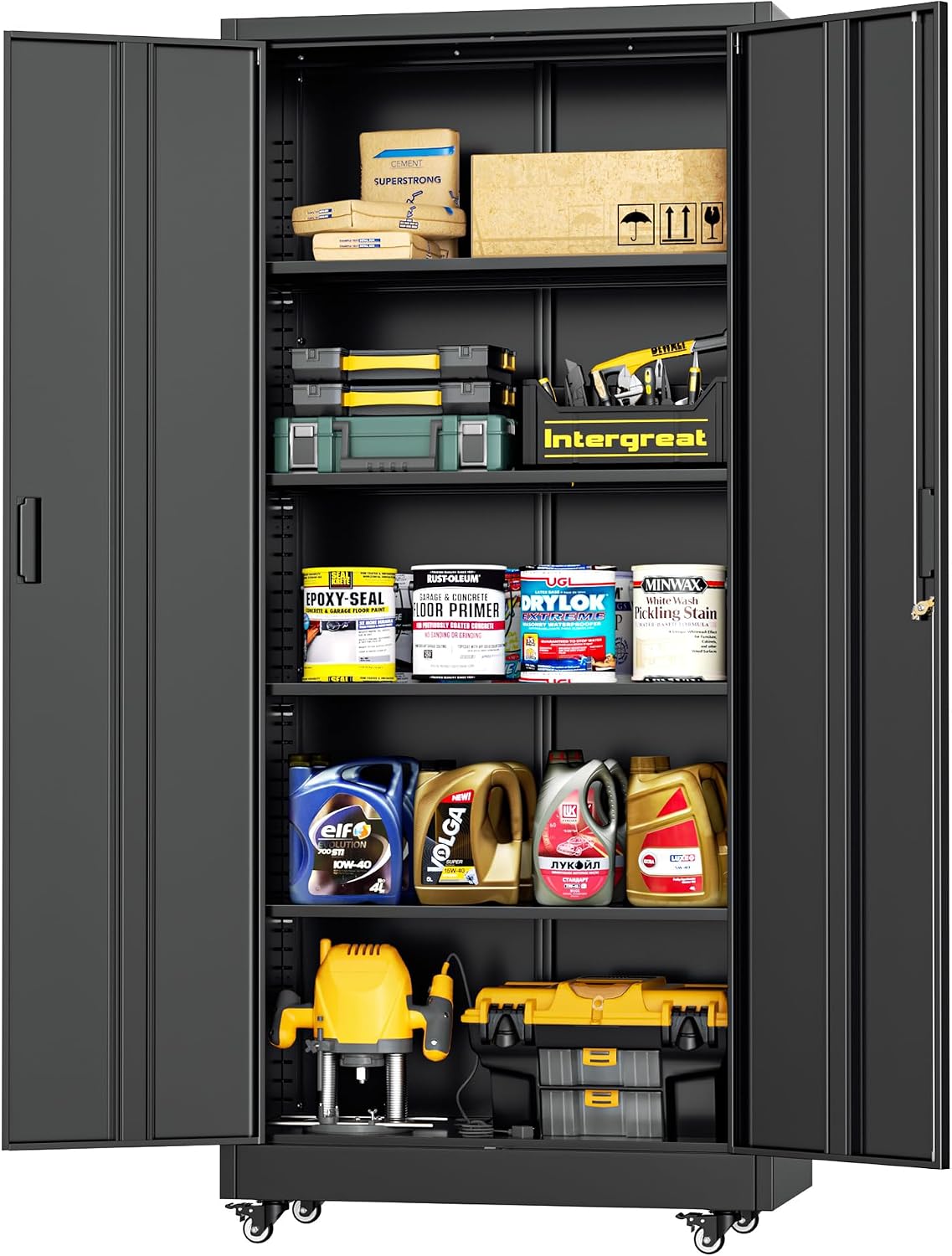 INTERGREAT Metal Storage Cabinet with Wheels, 73' H Rolling Metal Cabinets with Doors and Shelves, Black Steel Lockable Cabinet on Wheels for Garage Storage