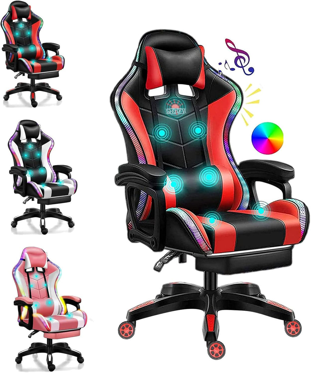 Ergonomic Pro Gaming Chair with Full Massage Lumbar Support, Bluetooth Speakers, Adjustable Backrest - Red