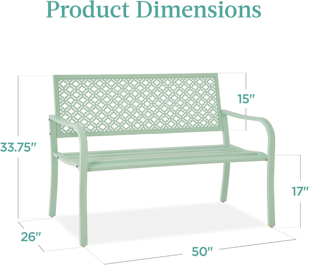 Best Choice Products Outdoor Bench 2-Person Metal Steel Benches Furniture for Garden, Patio, Porch, Entryway w/Geometric Backrest, 790lb Capacity - Mint Green