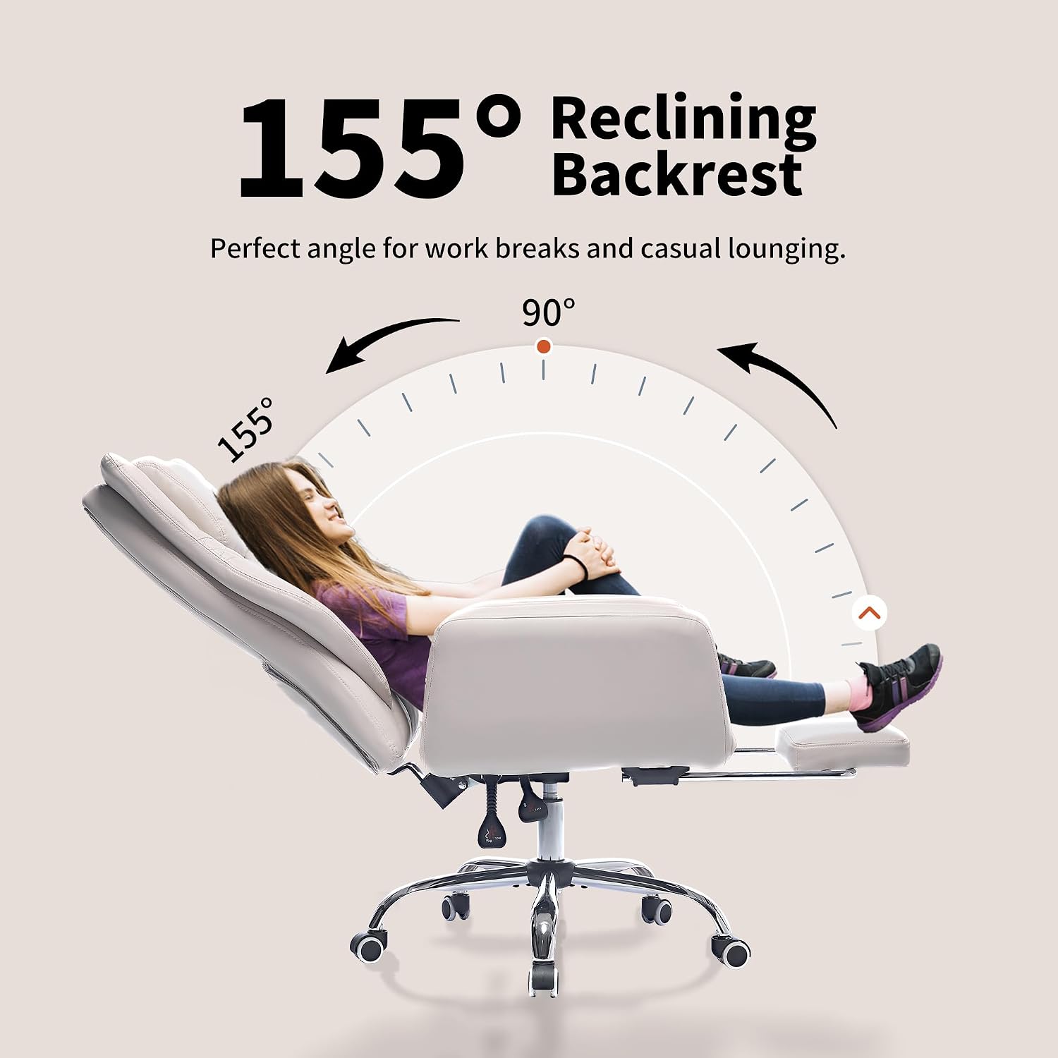 Criss Cross High Back Office Chair with Foot Rest, Ergonomic Cross Legged Desk Chair with Flip-up Armrest, Cozy Reclining 155°Swivel Chair for Home Office, Computer and Entertainment (Beige)