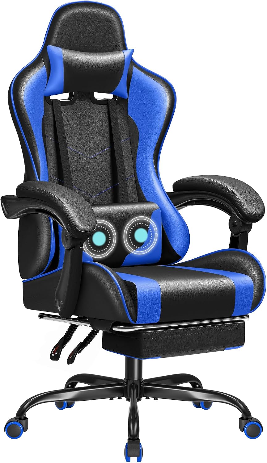 JUMMICO Gaming Chair Ergonomic Computer Chair with Footrest and Massage Lumbar Support, Height Adjustable Video Gaming Chair with 360° Swivel Seat and Headrest (Blue)