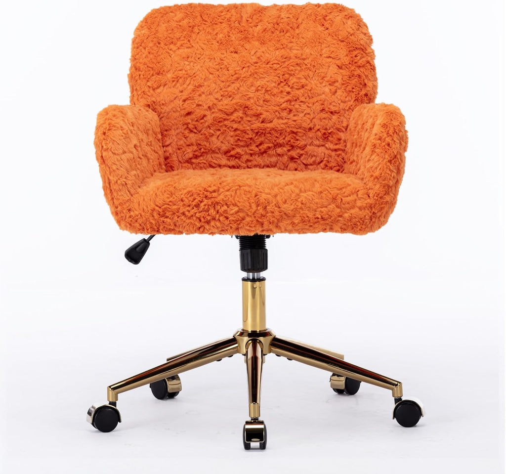 Faux Fur Makeup Vanity Chair, Comfy Fuzzy Home Office Chair with Wheels & Gold Base, Upholstered Adjustable Swivel Desk Chair for Teens Girls Women Home Office, Orange
