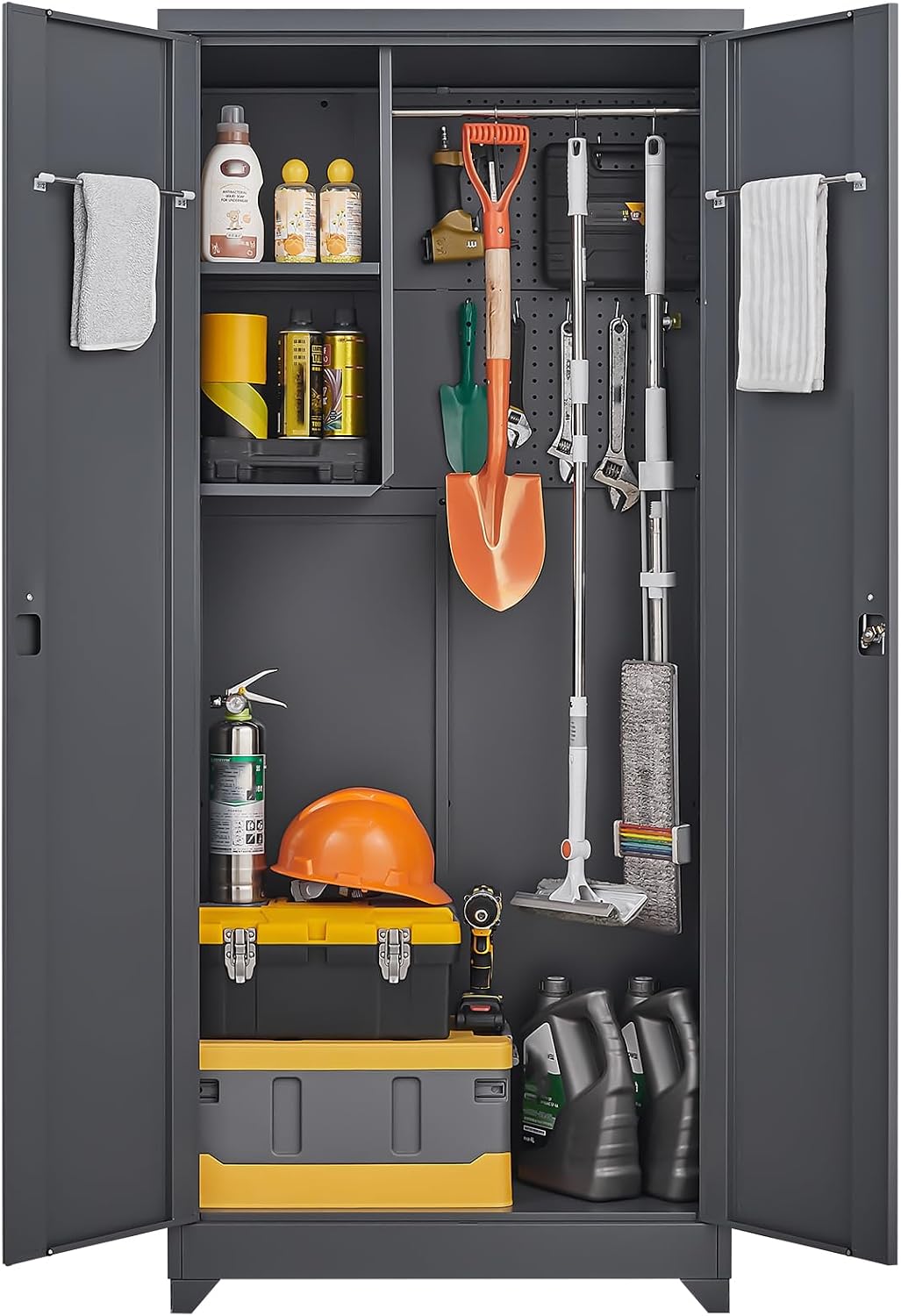 GREATMEET 72.8' Outdoor Broom Storage Cabinet, Metal Storage Cabinets for Cleaning Supplies with Slanted Roof, Utility Closet, Waterproof Outdoor Shed for Broom Mop, Grey