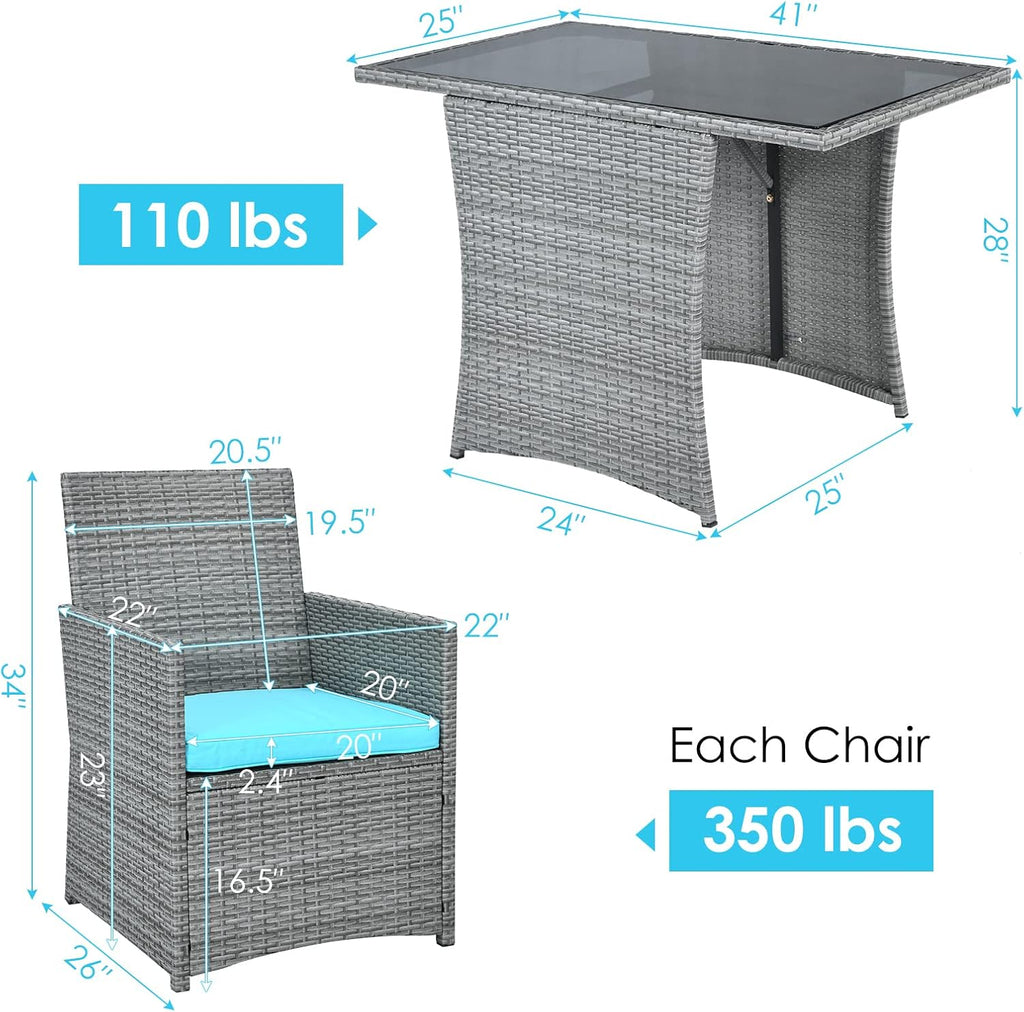 HAPPYGRILL 3 Piece Patio Furniture Set, Outdoor PE Rattan Wicker Bistro Set with Washable Cushions & Tempered Glass Table, for Backyard Porch Garden Balcony Poolside