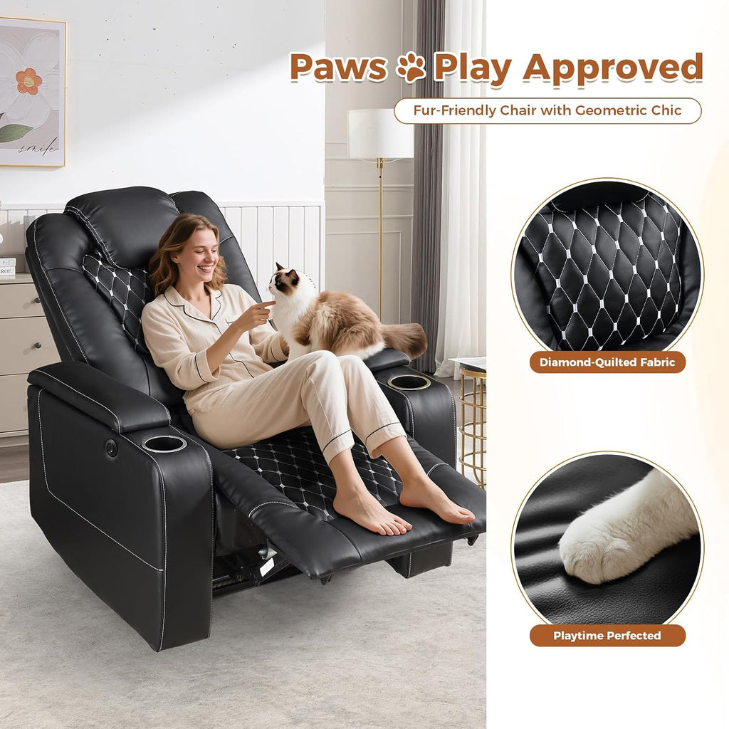 ANJ Power Recliner Chair Set of 4, Electric Soft Faux Leather Reclining Home Theater Seating - USB Ports, Cup Holders, Hidden Arm Storage Movie & Media Room Chairs (Black)