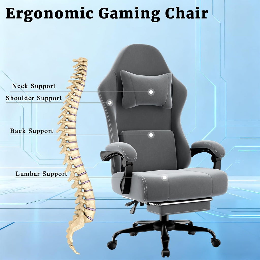 Massage Gaming Chair, Ergonomic Video Game Chair with Lumbar Support and Footrest, Height Adjustable Fabric Computer Chair with Pocket Spring Cushion (Gray)
