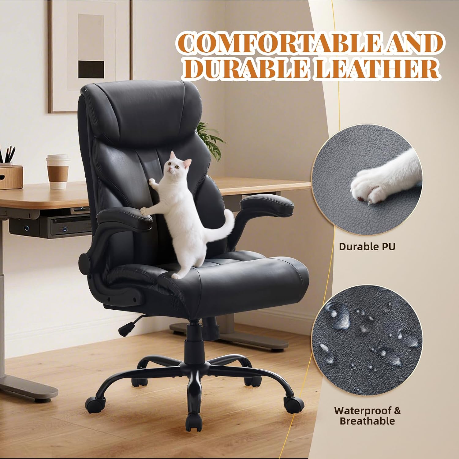 Big and Tall Office Chairs with Adjustable Flip-up Armrests,500LBS Wide Ergonomic Gaming Chair,100-118°Recline Executive Leather Computer Chairs with Adjustable Height,Black