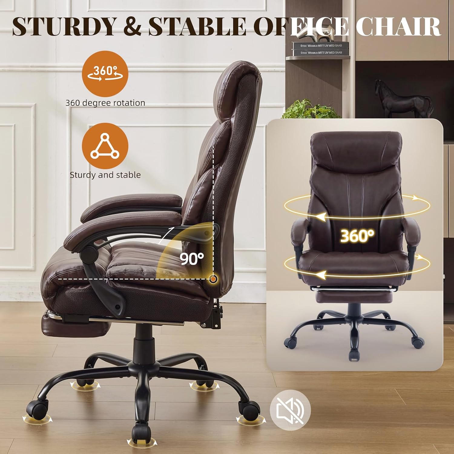 Comfortable Office Desk Chair 500 LBS, Big and Tall Office Chairs with Footrest,90-155°Recline Executive Leather Gaming Chair for Heavy People, Long Hours,Coffee Color