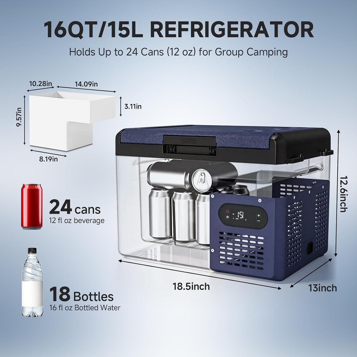 BODEGA 12 volt Car Refrigerator – 16QT Portable， Low Noise, Fast Cooling with LED Display, Multiple Charging Options, Energy-Efficient for Road Trips & Outdoor Adventures