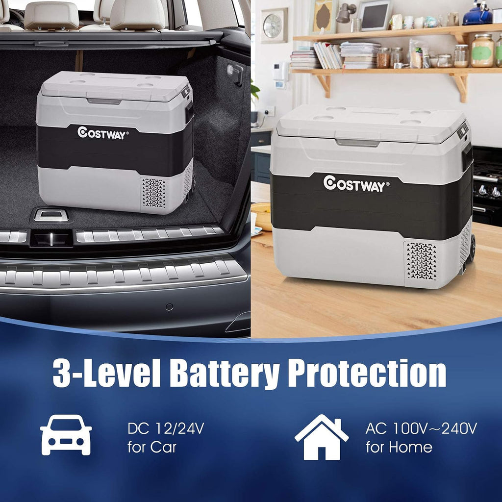 COSTWAY Car Refrigerator with Wheels, 53-Quart Dual-zone Electric Cooler with Telescopic Handle, 12V/24V DC, 100-240V AC, -4°F To 50°F, Portable Fridge Freezer for RV Camping Travel, Grey+Black