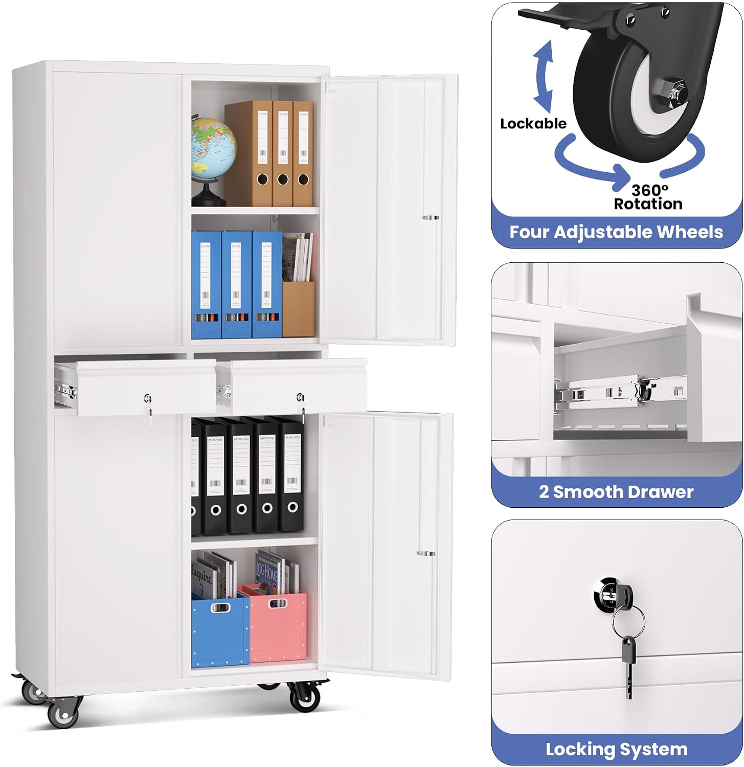 IDEALHOUSE 73'' Metal Storage Cabinet, Heavy Duty Garage Storage with Wheels, Locking Doors and 2 Drawers, Adjustable Shelves for Garage, Workshop, Office, White