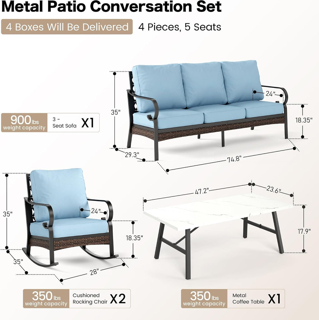 SUNSHINE VALLEY 4 PCS Metal Outdoor Patio Furniture Set, Patio Conversation Sets 1 3-Seater Sofa, 2 Rocking Chairs with 5.75' Extra Thick Cushion & Coffee Table, Black Frame Backyard Furniture, Blue