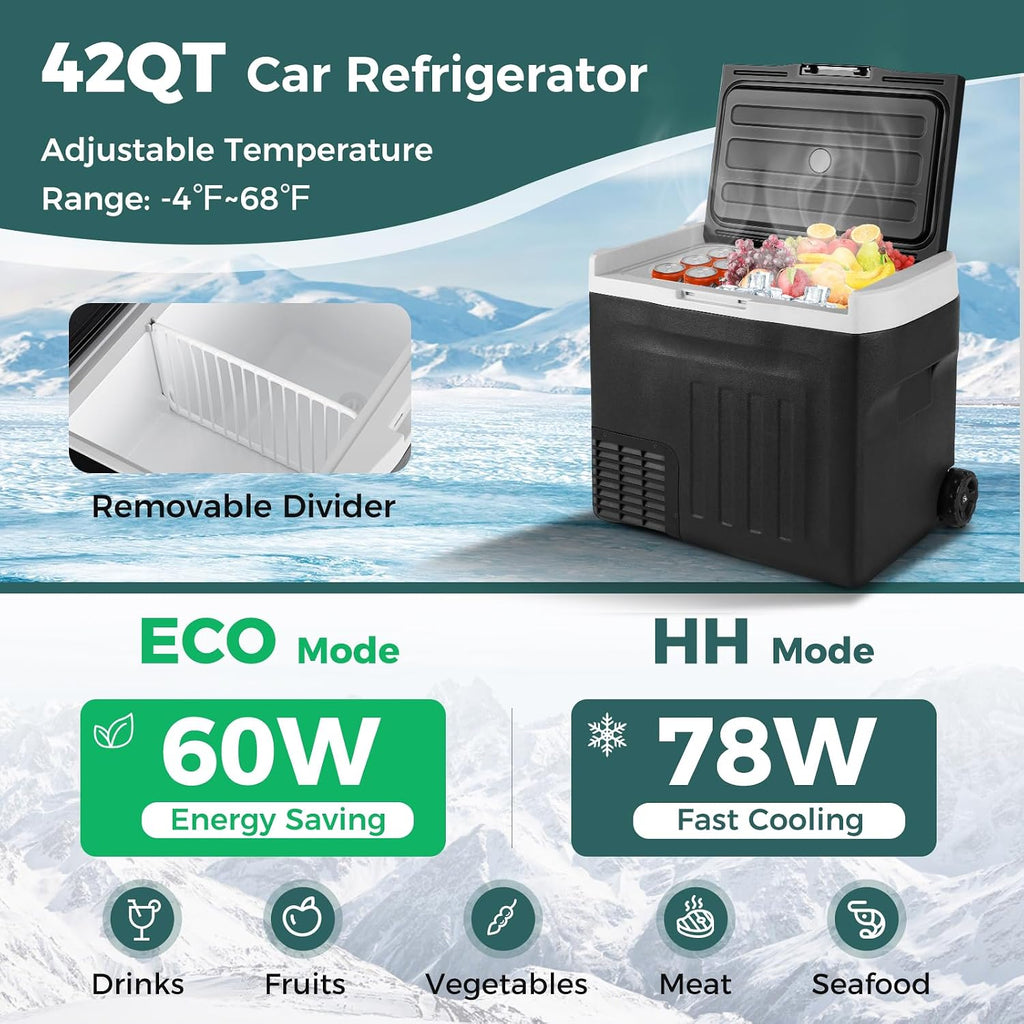 COSTWAY Portable Car Refrigerator, 42-quart Car Fridge with Adjustable Range -4℉~68℉, 12/24V DC 100-240V AC Electric Cooler Freezer with Divider for Camping, RV, Travel, Fishing, Home, Black