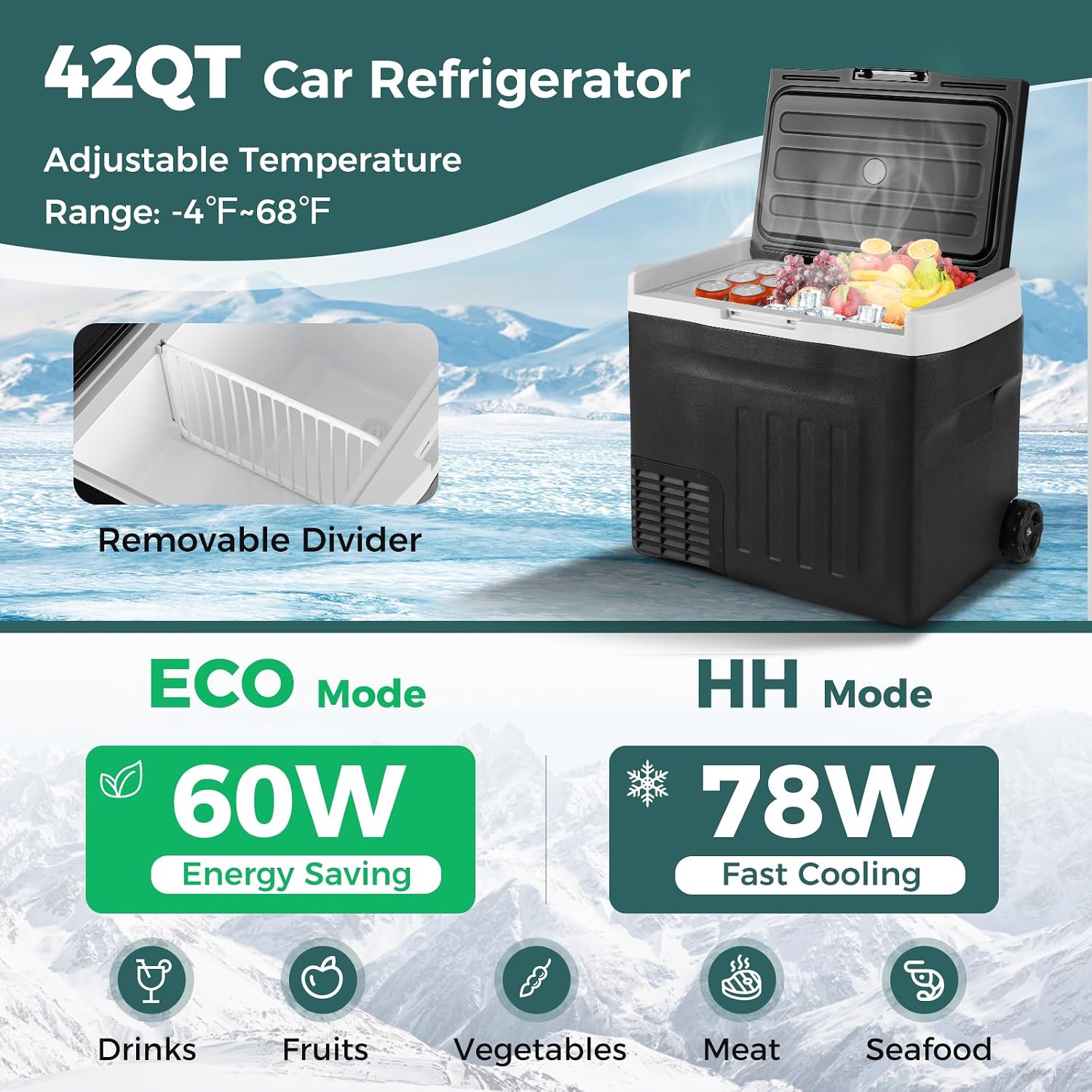 COSTWAY Portable Car Refrigerator, 42-quart Car Fridge with Adjustable Range -4℉~68℉, 12/24V DC 100-240V AC Electric Cooler Freezer with Divider for Camping, RV, Travel, Fishing, Home, Black