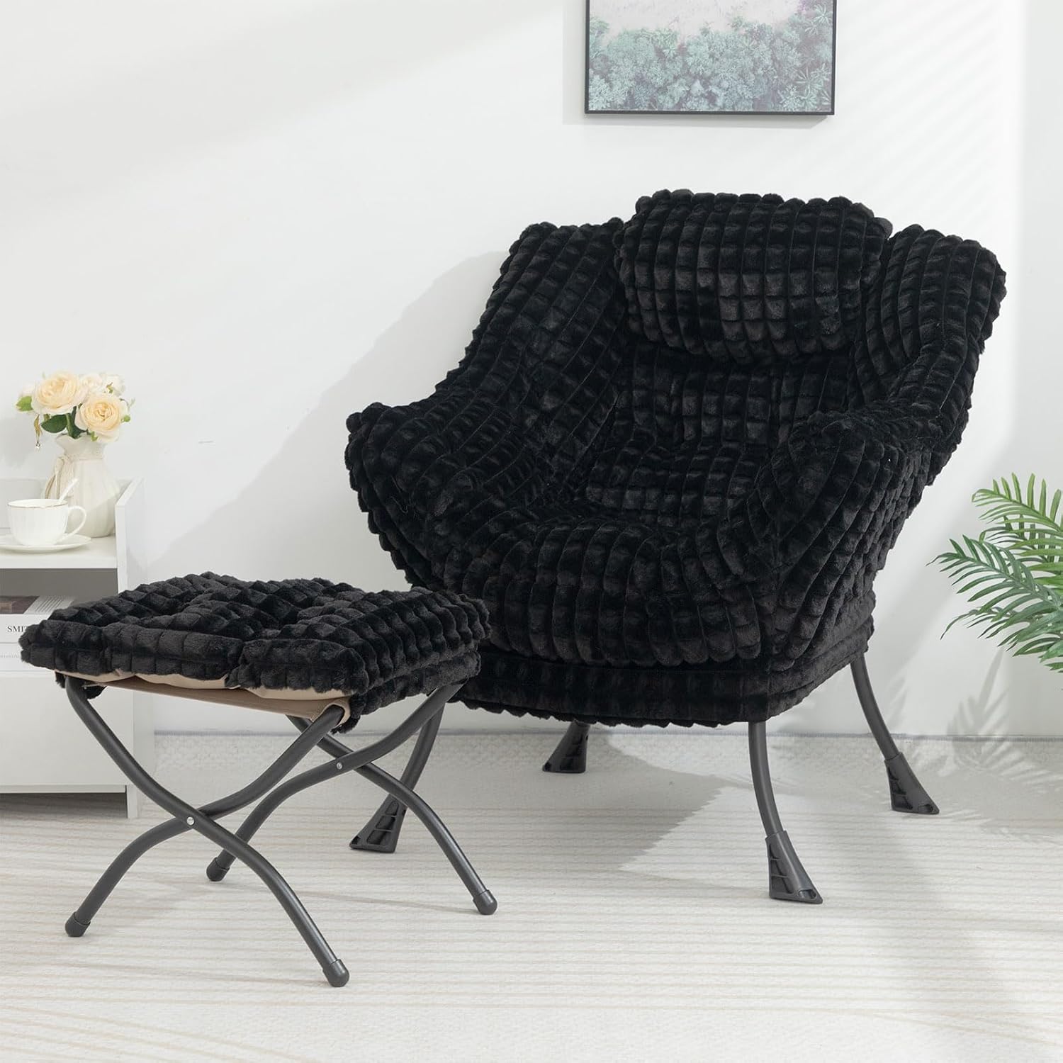 HollyHOME Lazy Chair with Foldable Ottoman, Accent Comfy Lounge Armchair and Folding Footrest Stool, Leisure Sofa Reading Chair and Footstool for Living Room, Bedroom, Dorm,Faux Fur Black