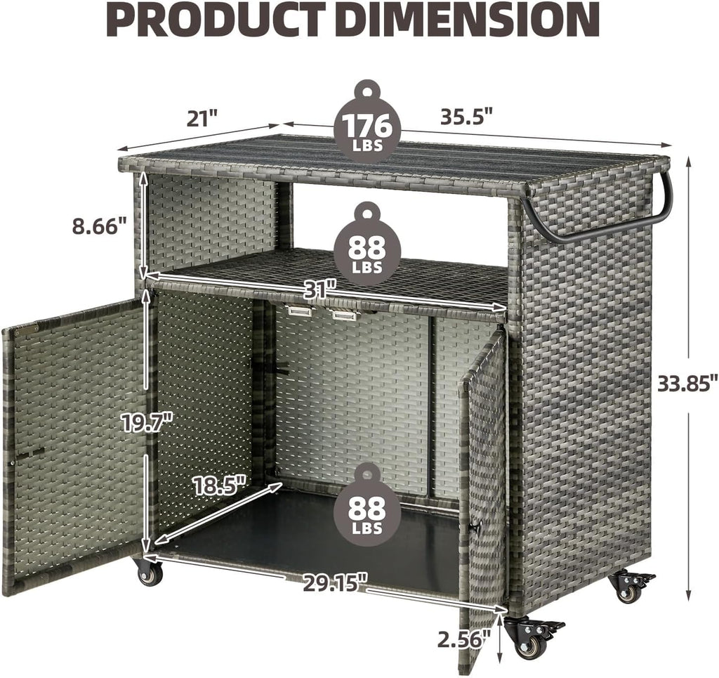 Outdoor Storage Cabinet on Wheels, Outdoor Bar Table with Rounded Handle, Rolling Wicker Storage Cabinet for Backyard,Poolside,Garden, Grey