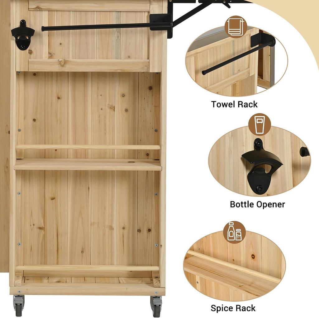 LUMISOL Outdoor Grill Table with Stainless Steel Top, Farmhouse Fir Wood Outdoor Kitchen Island with Ample Storage Space, Rolling Bar Cart with Spice & Towel Rack, and Bottle Opener, Natural