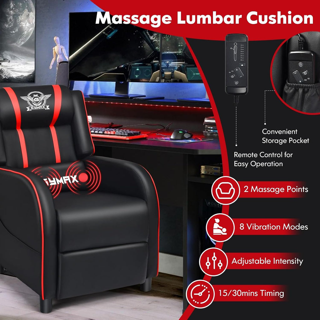 GYMAX Gaming Recliner, Massage Gaming Chair with Adjustable Footrest, Remote Control & Side Pocket, Ergonomic Game Lounge Chair, Racing Style Single Theater Seat Game Sofa for Adults (Red)