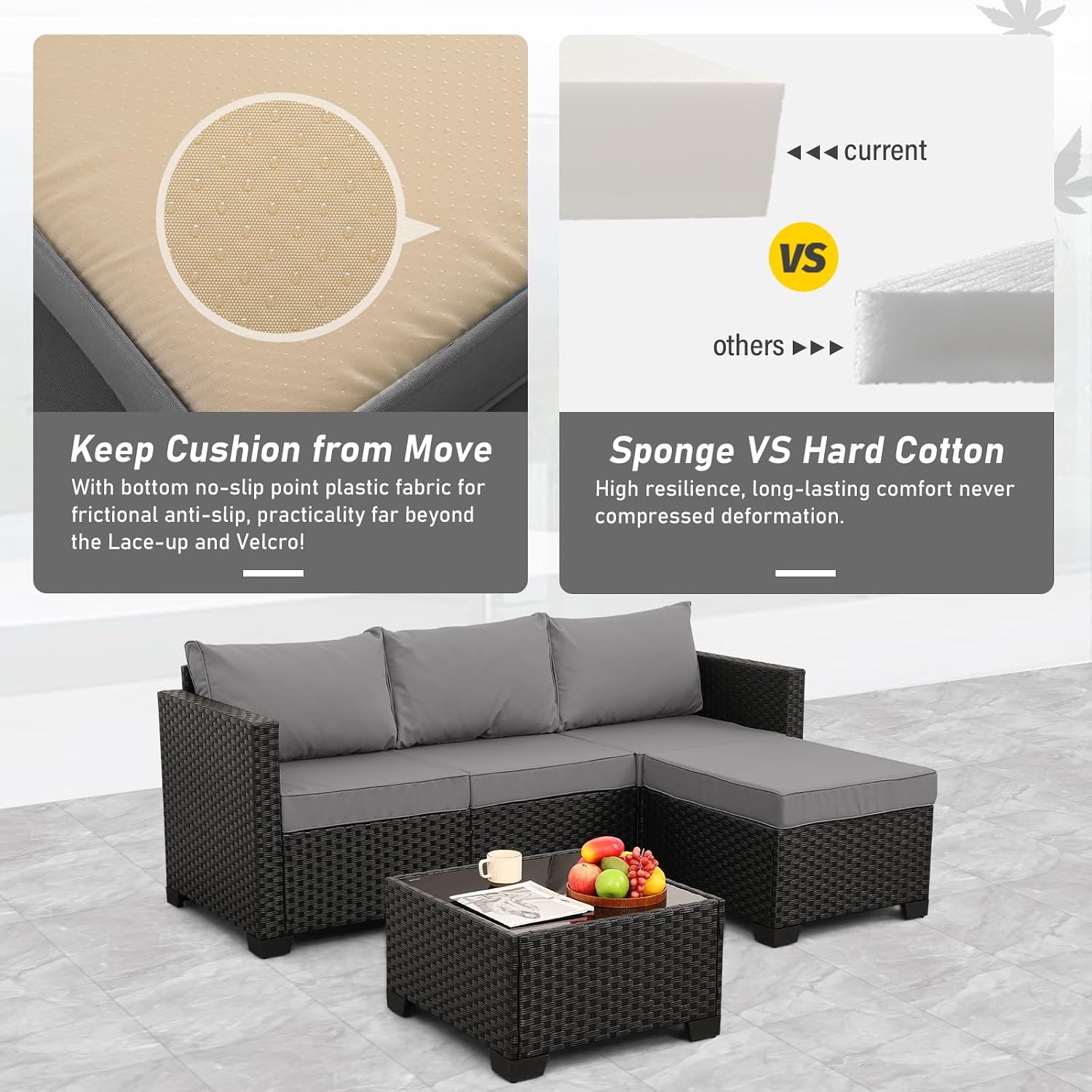 Oasishine Wicker Patio Furniture Patio Couch 3 Pieces Outdoor Sectional with Ottoman and Outdoor Glass Table Weathering Anti-Slip Cushions Furniture Covers, Light Grey