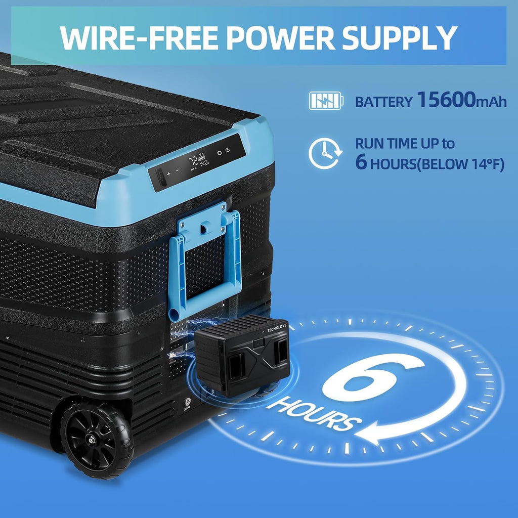45L Car Refrigerator Freezer, -4℉~68℉ 48QT Single Zone Portable Compressor Cooler with Reversible Door, Battery Slot, All-Terrain Wheels, 100–240V AC / 12V / 24V DC Powered, LED Light – Ice Blue
