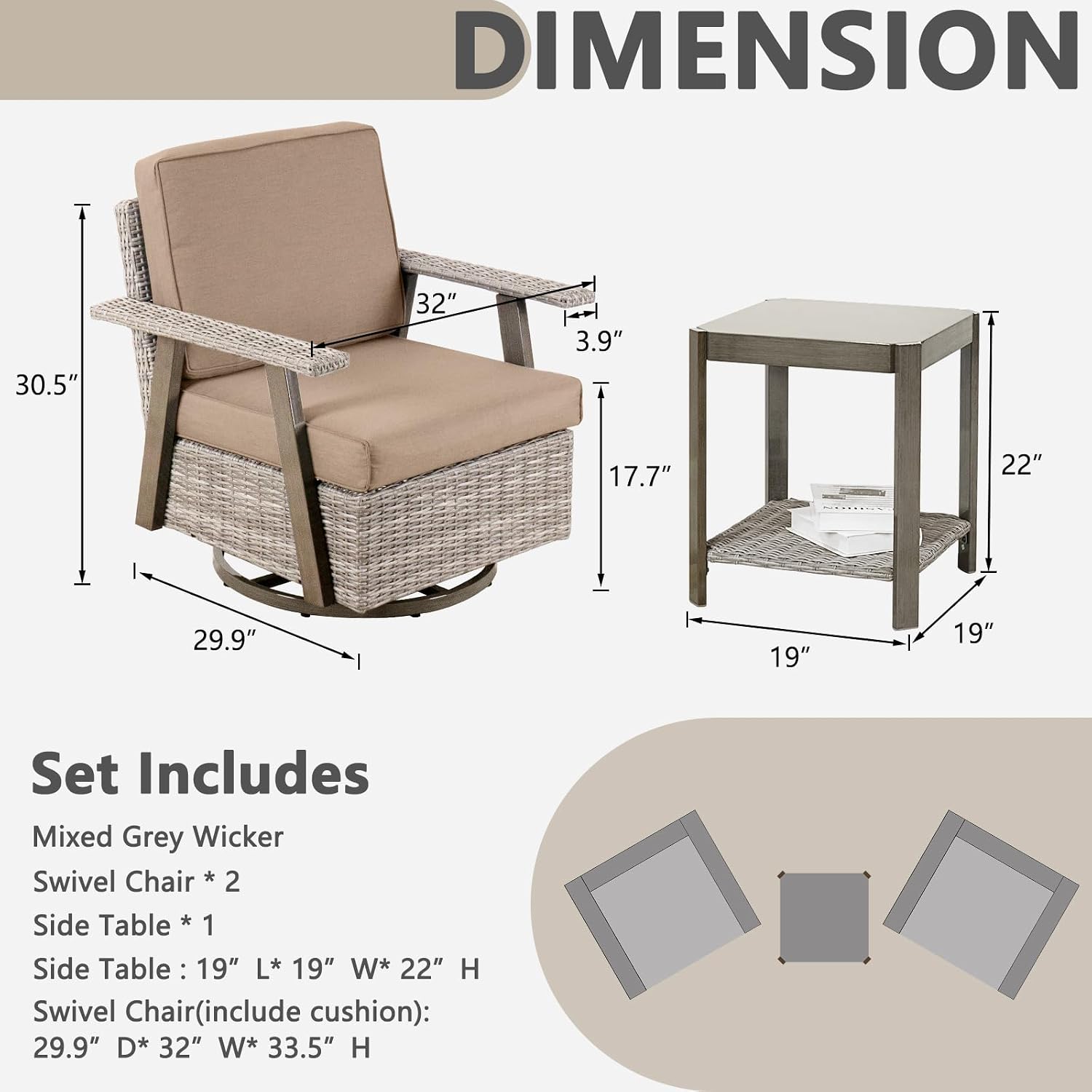 3 Pieces Outdoor Patio Furniture Set with Swivel Rocking, PE Wicker Outdoor Swivel Chairs Set of 2 with Side Table, Oversized Patio Rocking Chairs Set for Porch, Balcony, Deck, Backyard(Camel)