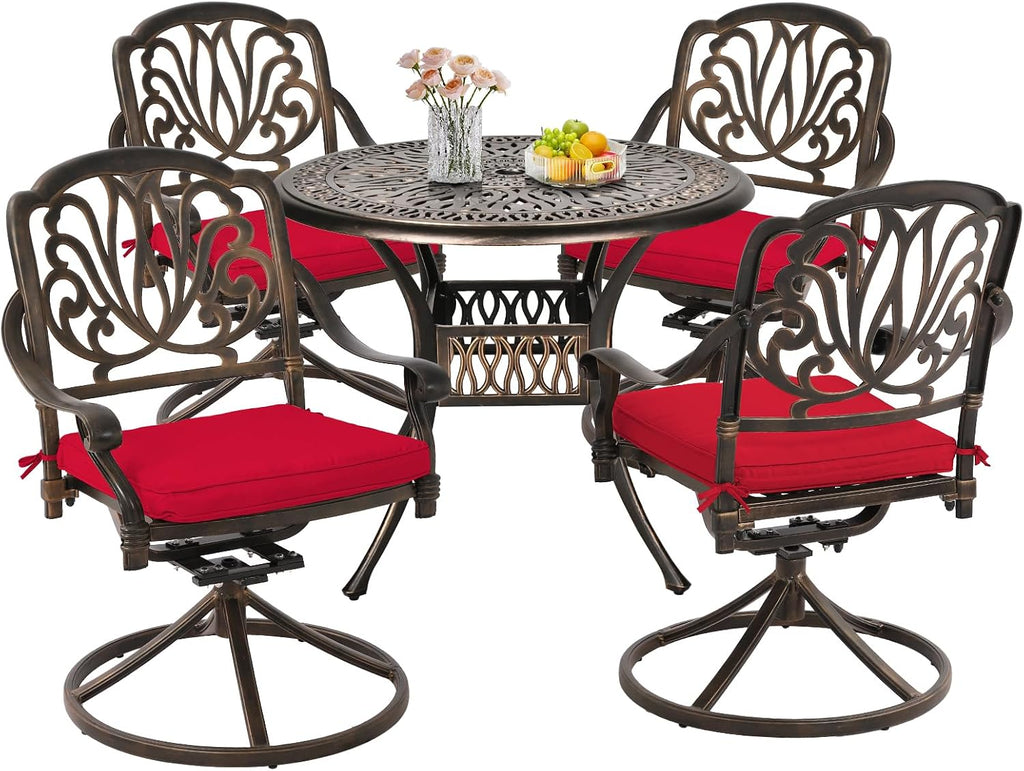 Grepatio 5 Piece Outdoor Dining Set Cast Aluminum Patio Dining Set Table and Chairs Outside Furniture 4 Swivel Chairs with Cushion and 1 Umbrella Round Dining Table for Lawn Garden Patio (Red)