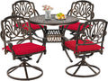 Grepatio 5 Piece Outdoor Dining Set Cast Aluminum Patio Dining Set Table and Chairs Outside Furniture 4 Swivel Chairs with Cushion and 1 Umbrella Round Dining Table for Lawn Garden Patio (Red)