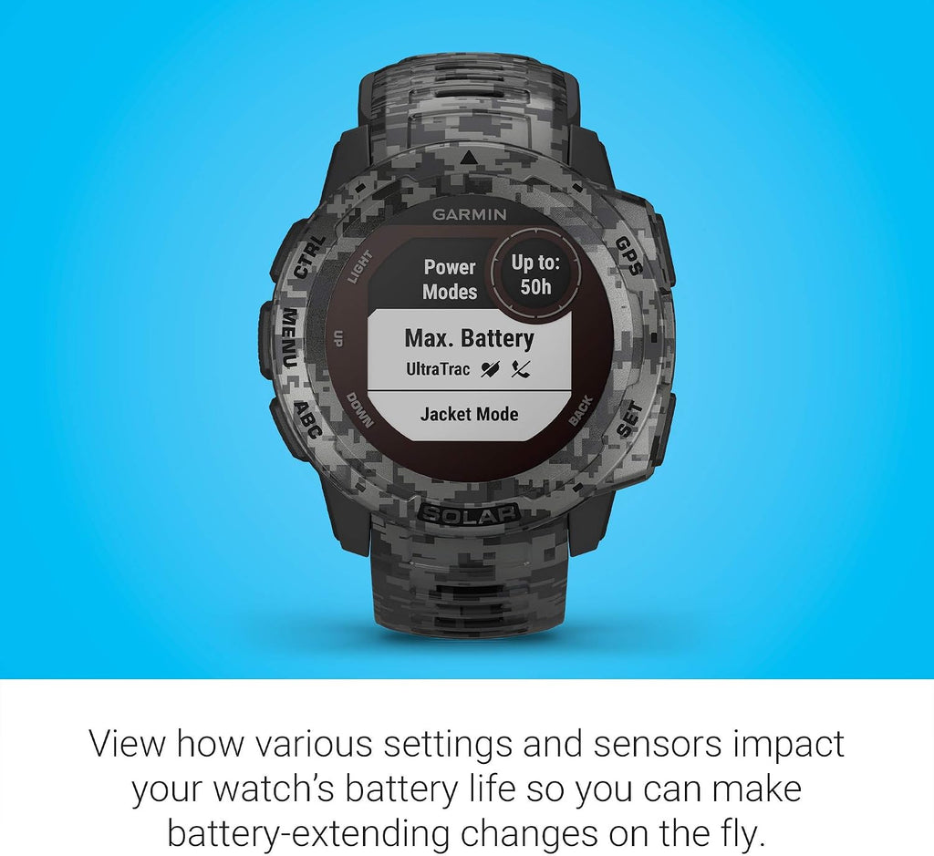 Garmin Instinct Solar, Solar-Powered Rugged Outdoor Smartwatch, Built-in Sports Apps and Health Monitoring, Graphite Camo (Renewed)