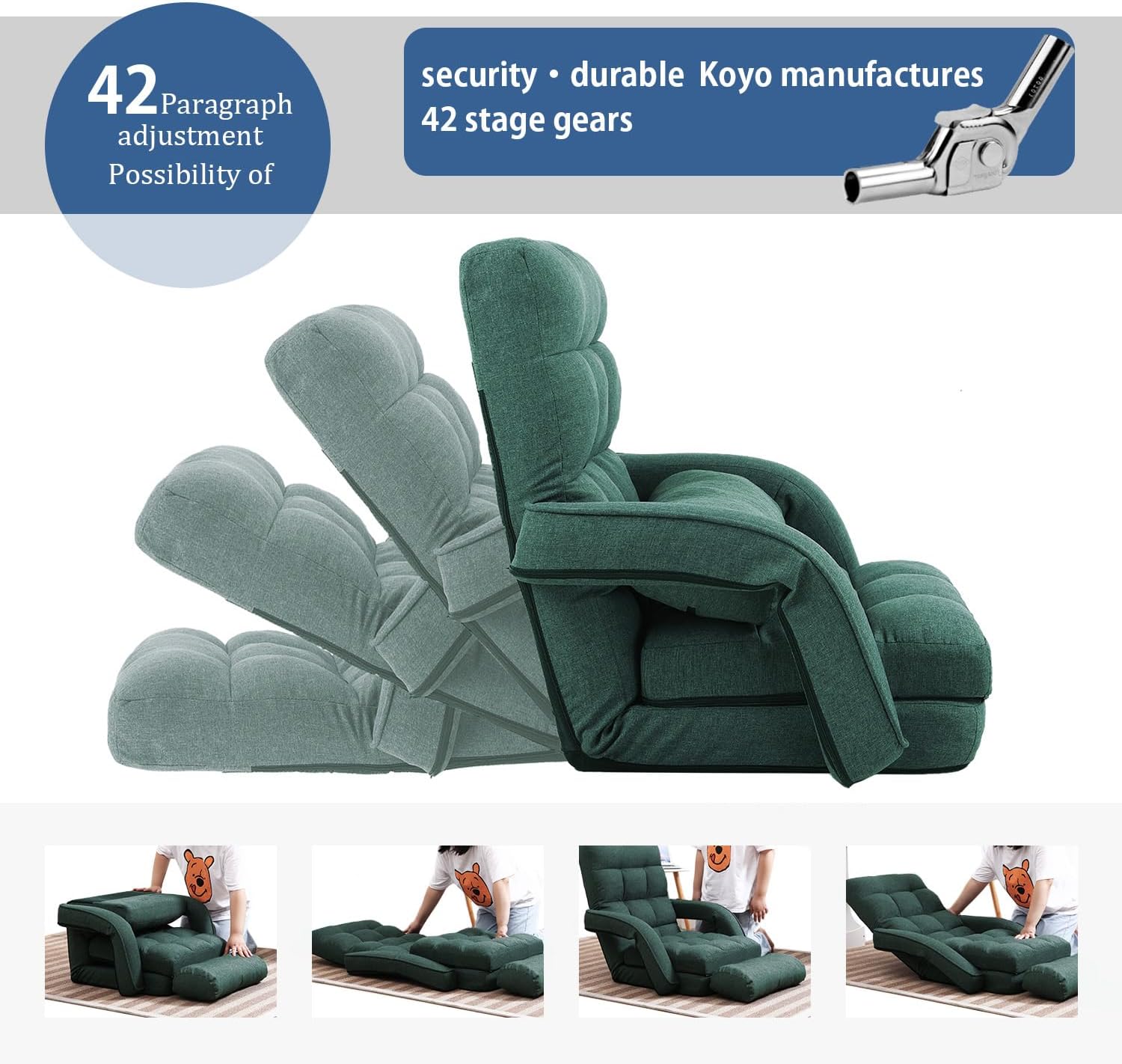 42-Position Adjustable Floor Chair, Chaise Lounge Chair Indoor,Comfy Folding Lazy Sofa Chair for Adults with Armrests and a Pillow Padded,Gaming Chairs for Living Room,Bedroom,Fabric,Green