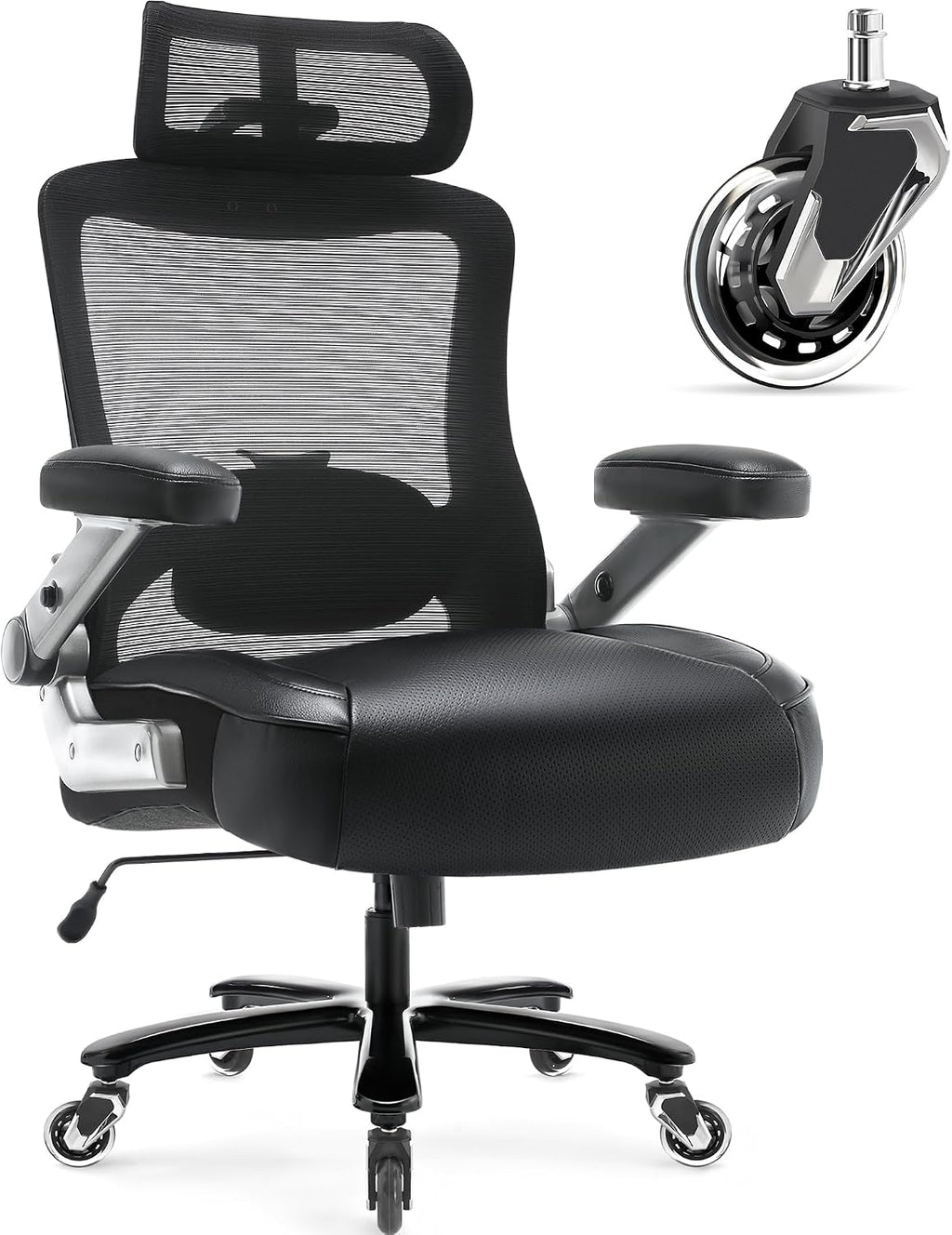 Big and Tall Office Chair 600lbs with 3D Flip Arms Adjustable Headrest - Heavy Duty Large Wheels Executive Computer Desk Chair, Ergonomic Lumbar Support Mesh High Back Plus Size Chair for Adults
