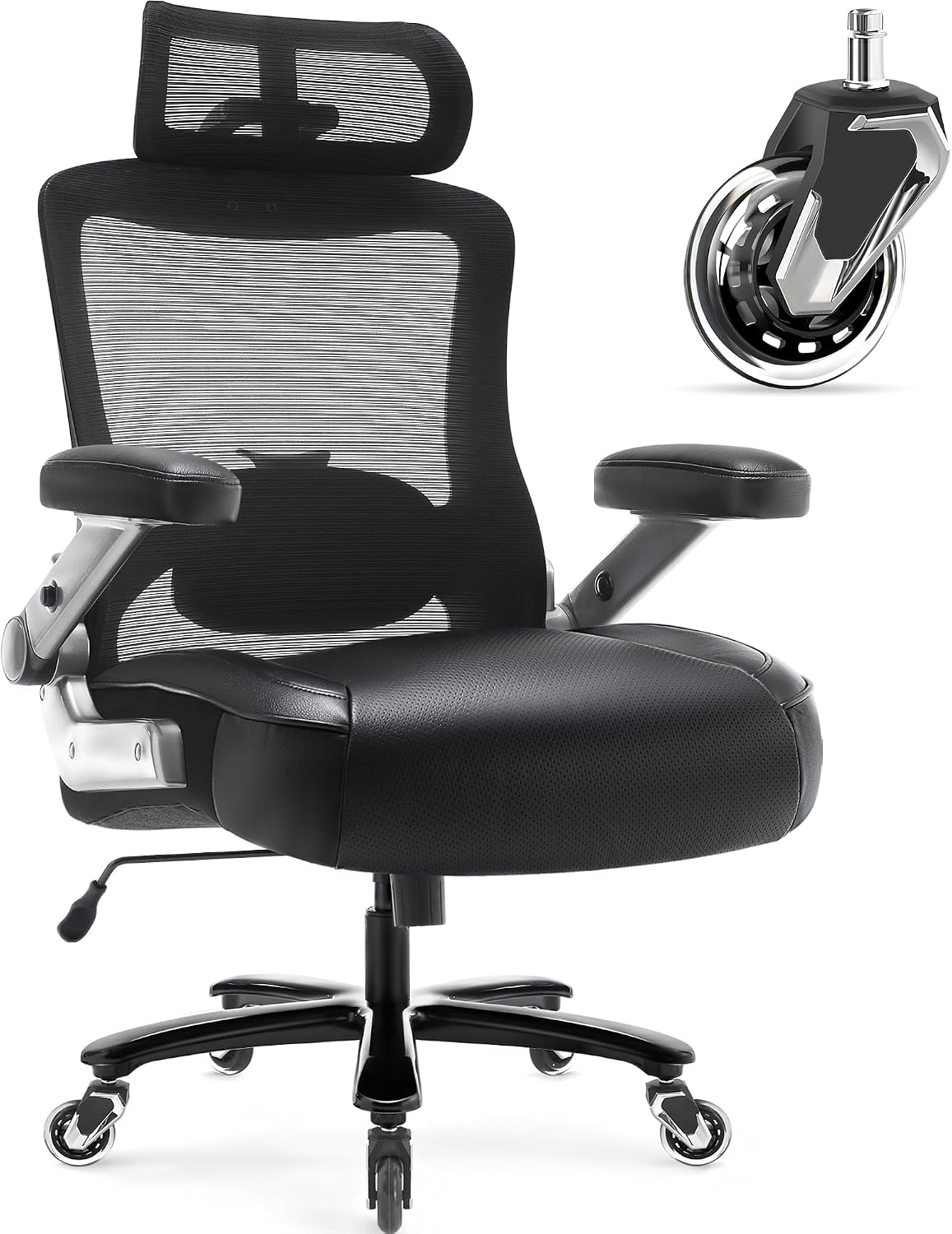 Big and Tall Office Chair 600lbs with 3D Flip Arms Adjustable Headrest - Heavy Duty Large Wheels Executive Computer Desk Chair, Ergonomic Lumbar Support Mesh High Back Plus Size Chair for Adults