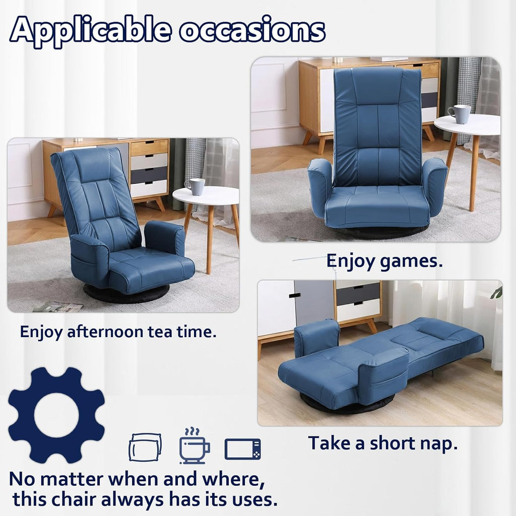360 Degree Swivel Floor Chairs for Adults, Faux Leather Gaming Floor Chair with Back Support, 14 Angles Adjustable Comfortable Floor Lounge Chair Folding Video Game Chairs Office Bedroom