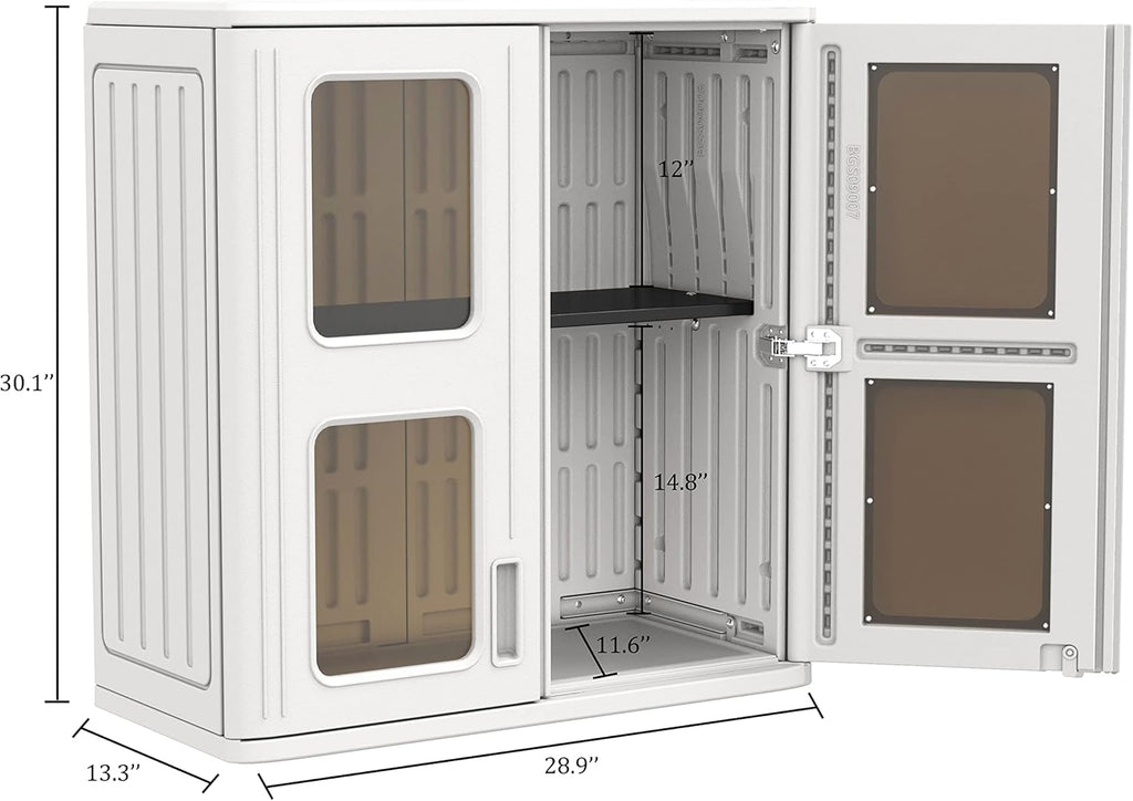 Mrosaa Indoor Outdoor Storage Cabinet Waterproof with Shelf, 13.3' D x 28.9' W x 30.1' H, Lockable Cabinet for Indoor/Outdoor/Garage Storage for Garden Tools/Lawn Care Accessories, White
