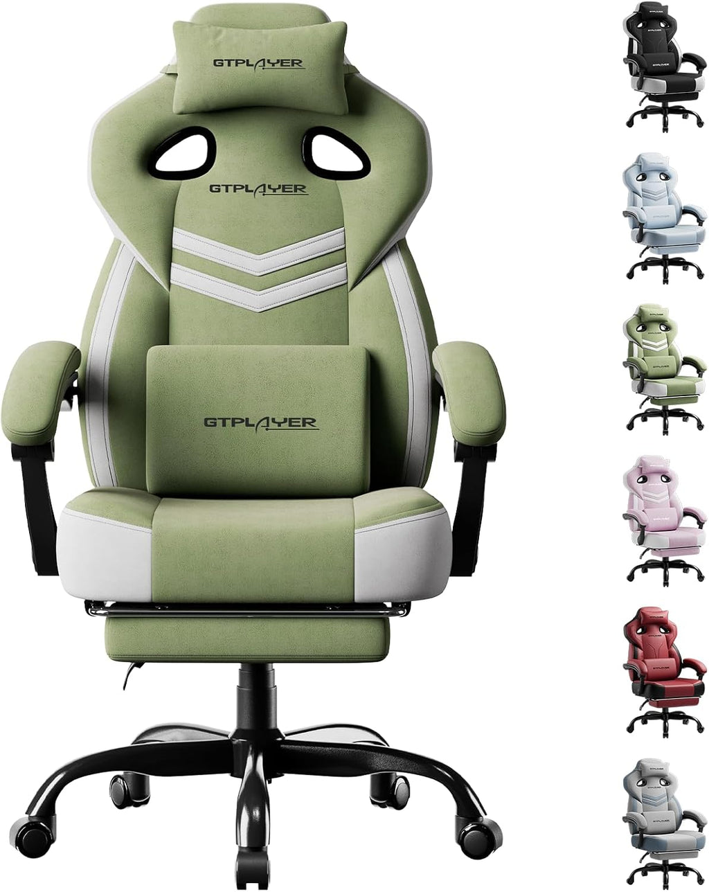 GTPLAYER Gaming Chairs for Adult - Ergonomic Big & Tall Gaming Seat with Footrest & Lumbar Support, Comfortable Office Chair 90-155° Reclining - Heavy Duty Wide Computer Seat, Sage Green