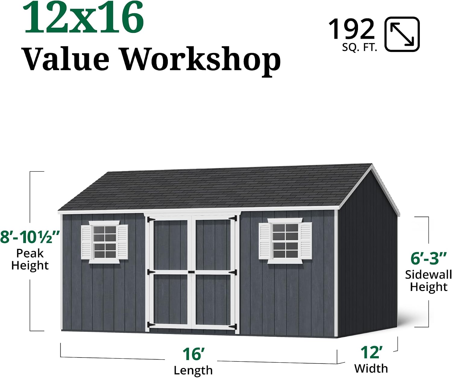 Little Cottage Co. 12x16 Value Workshop Shed with Operable Windows and Floor, Outdoor Wood Storage Do-It-Yourself Precut Kit