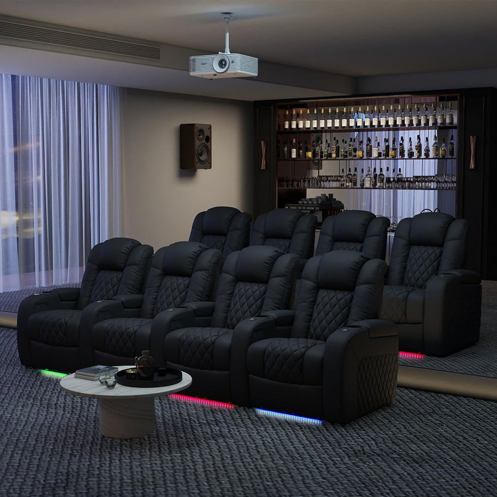 Weilianda Home Theater Seating Top Grain Leather Zero Gravity Recliner Chair Power Headrest Recline Movie Seat Gaming 7 Colors Mood Light Sofa with Tray Table USB Charge Row of 2 Black