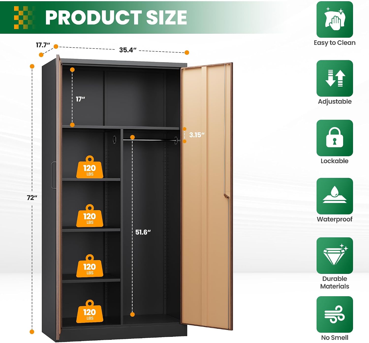 Broom Closet Storage Cabinet with Lock, Metal Garage Storage Cabinet with Doors and Shelves, Steel Wardrobe Cabinet with Hanging Rod, Utility Cabinets Closet for Kitchen, Office, Shop, Warehouse