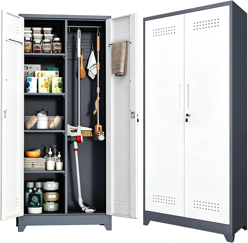 Metal Storage Cabinet 72' Tall, Garage Storage Cabinet with Lockable Doors & Shelves, Utility Broom Closet, Steel Tool Cabinet for Garage, Laundry Room, Home Office, Grey/White