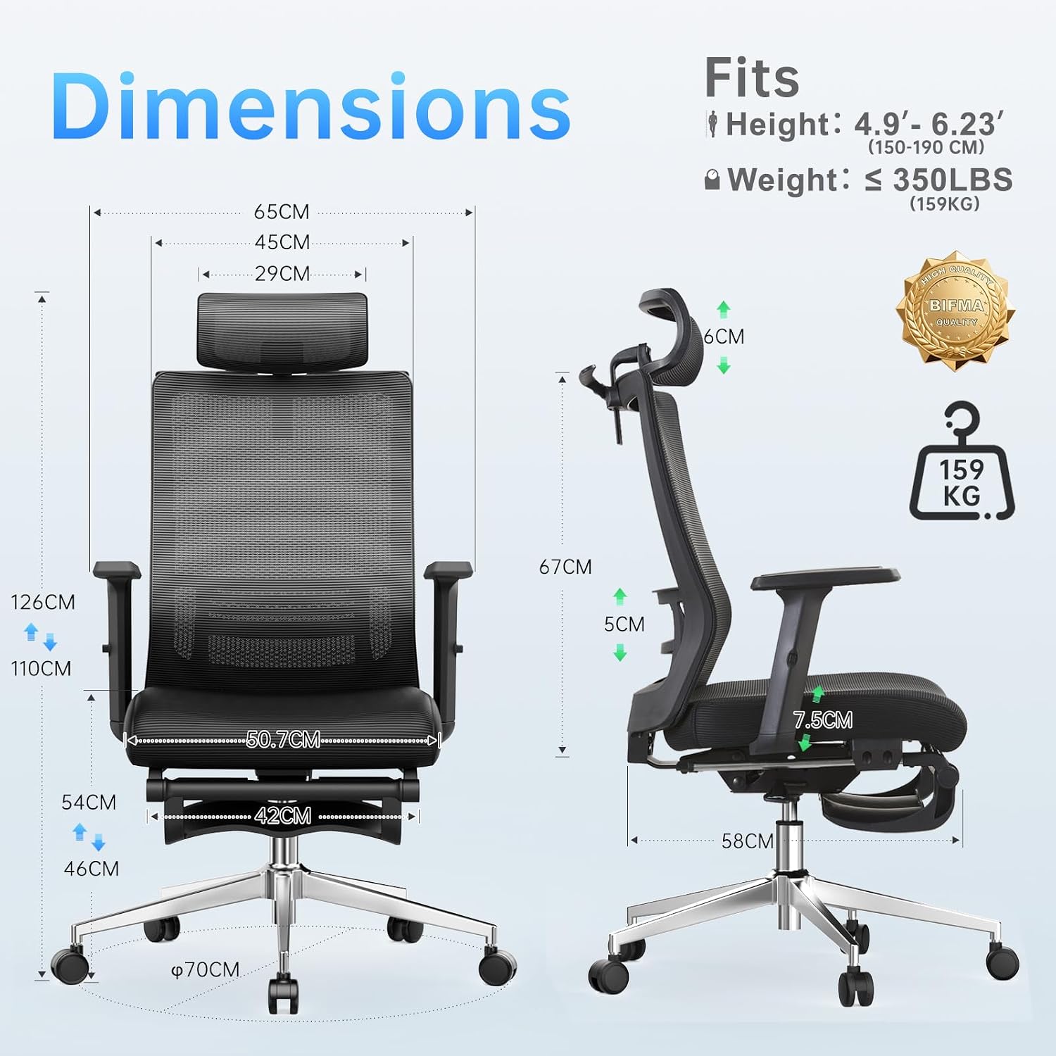 Ergonomic Office Chair with Footrest, 145° Reclining, Adjustable Lumbar & Headrest, 3D Armrests, Silent Casters, Heavy Duty Steel Base, 350 LB Capacity, Swivel Desk Chair for Home Office