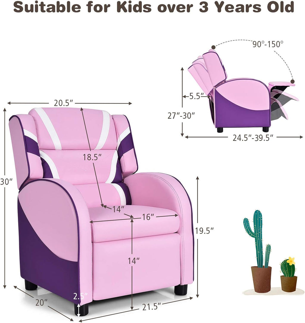 HONEY JOY Kids Recliner, Youth Gaming Reclining Chair w/Side Pocket, Ergonomic Headrest & Footrest, Upholstered Leather Lounge Chair for Boys Girls, Manual Adjustable Single Sofa Chair for Living Room