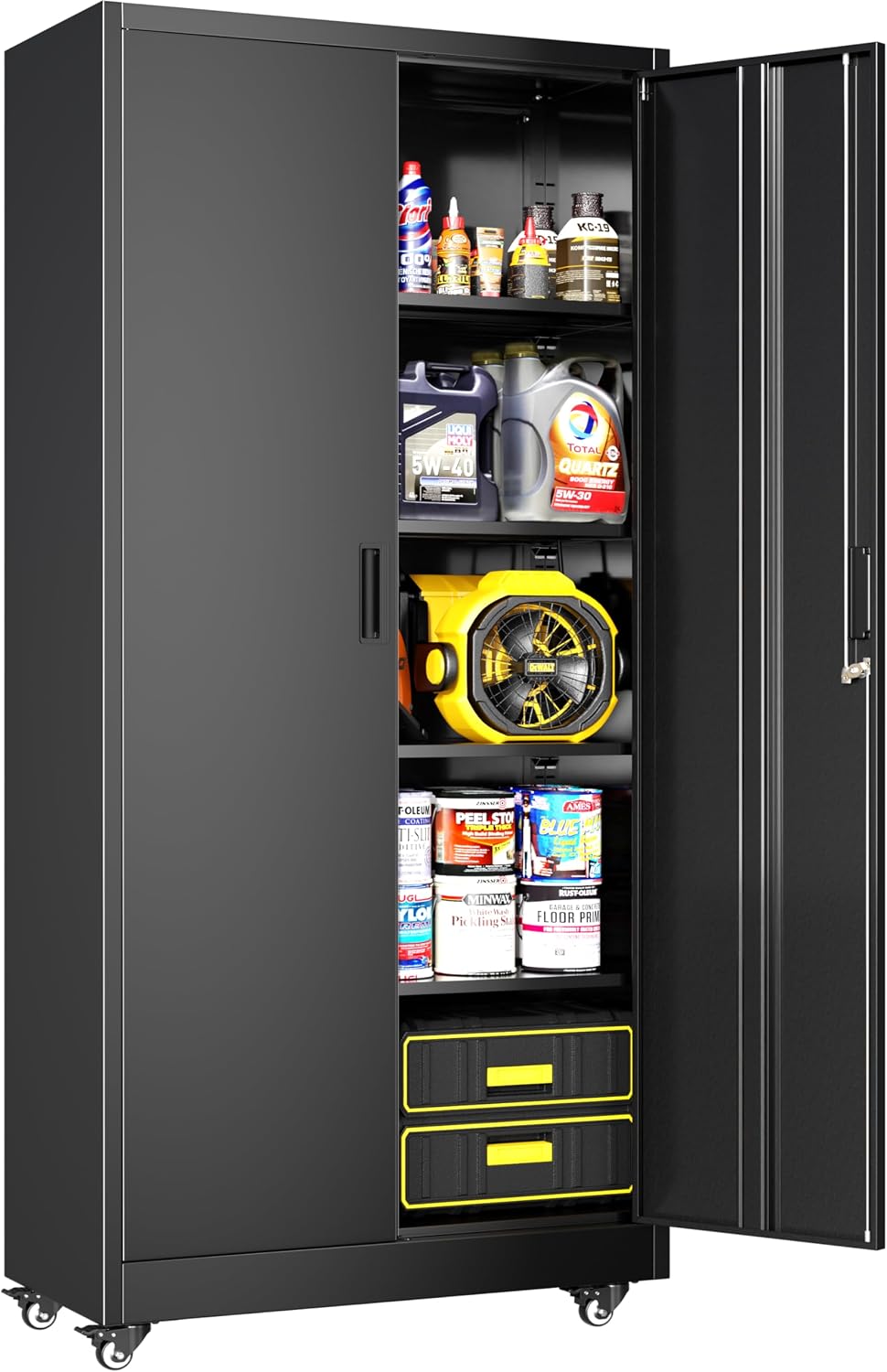Greenvelly Metal Storage Cabinet with 4 Swivel Wheels,73' H Black Garage Storage Cabinet with Wheels, Rolling Tool Cabinet with Locking Doors and Shelves for Home,Basement, Kitchen Pantry,Warehouse