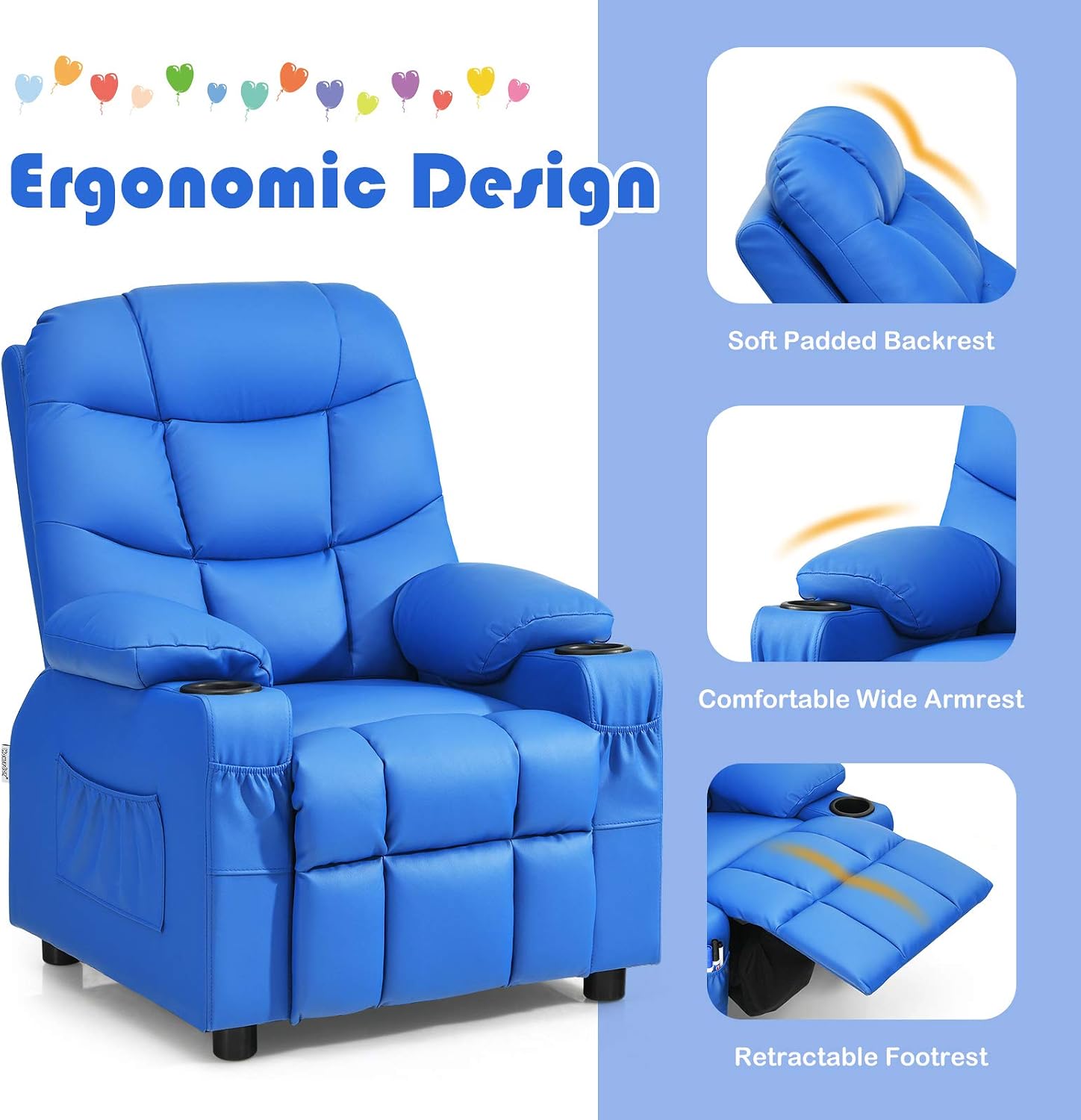 MAT EXPERT Kids Recliner, Leather Adjustable Reading Gaming Chair w/ 2 Cup Holder, 3 Side Pocket Storage & Footrest, Kids Couch Toddler Lounge Chair for Boys Girls, Kids Room Playroom Nursery (Blue)