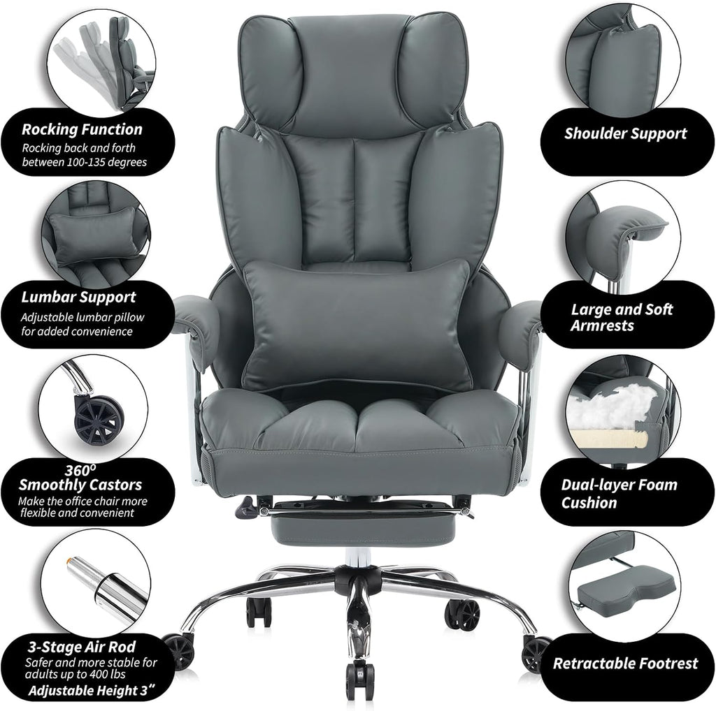 Efomao Big and Tall Office Chair 400lbs – High Back Executive Chair with Swivel Base, PU Leather Upholstery, Lumbar Pillow, Padded Armrests, and Rolling Wheels，Dark Grey Computer Chair