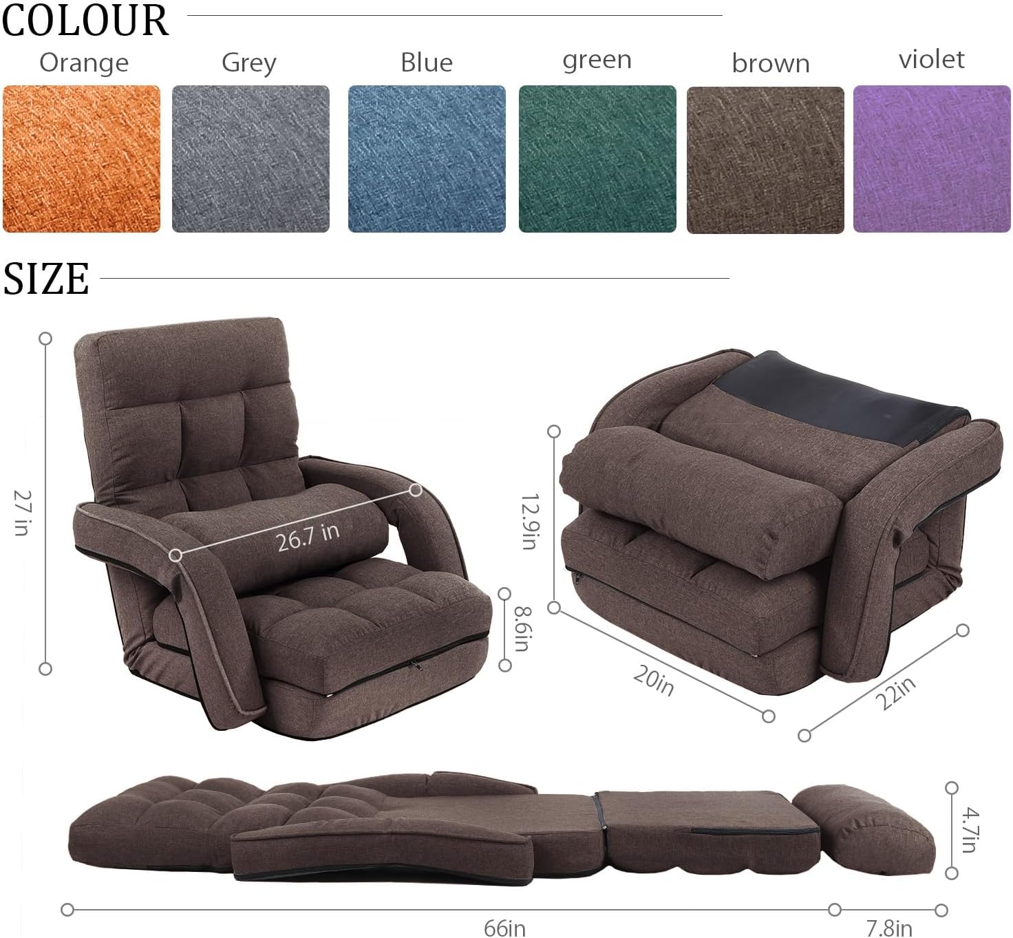 42-Position Adjustable Floor Chair, Chaise Lounge Chair Indoor,Comfy Folding Lazy Sofa Chair for Adults with Armrests and a Pillow Padded,Gaming Chairs for Living Room,Bedroom,Fabric,Brown