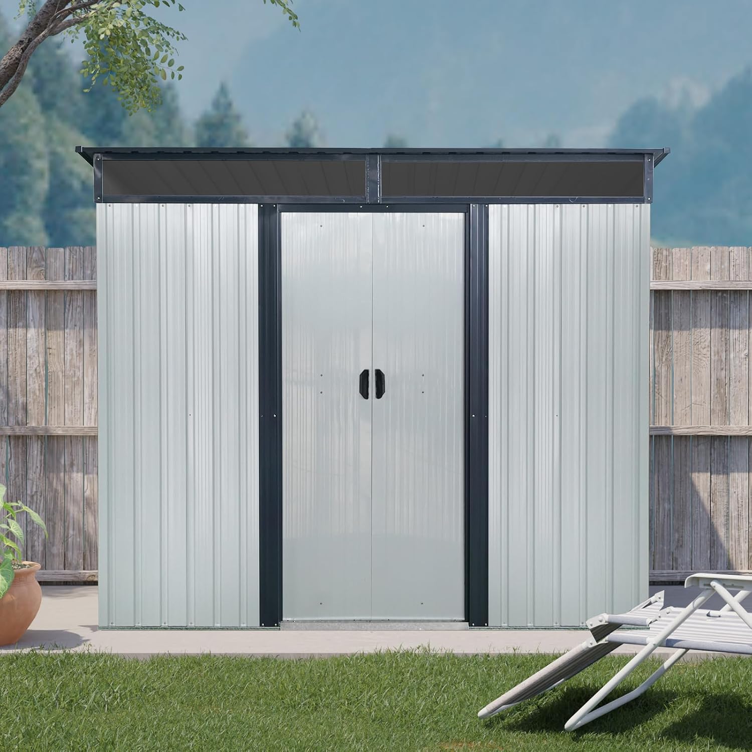 JT 8X6FT Outdoor Storage Shed, Galvanized Metal Garden Shed with Window and Metal Foundation, Tool Storage Shed for Patio Lawn Backyard (White-Black-8ft*6ft)