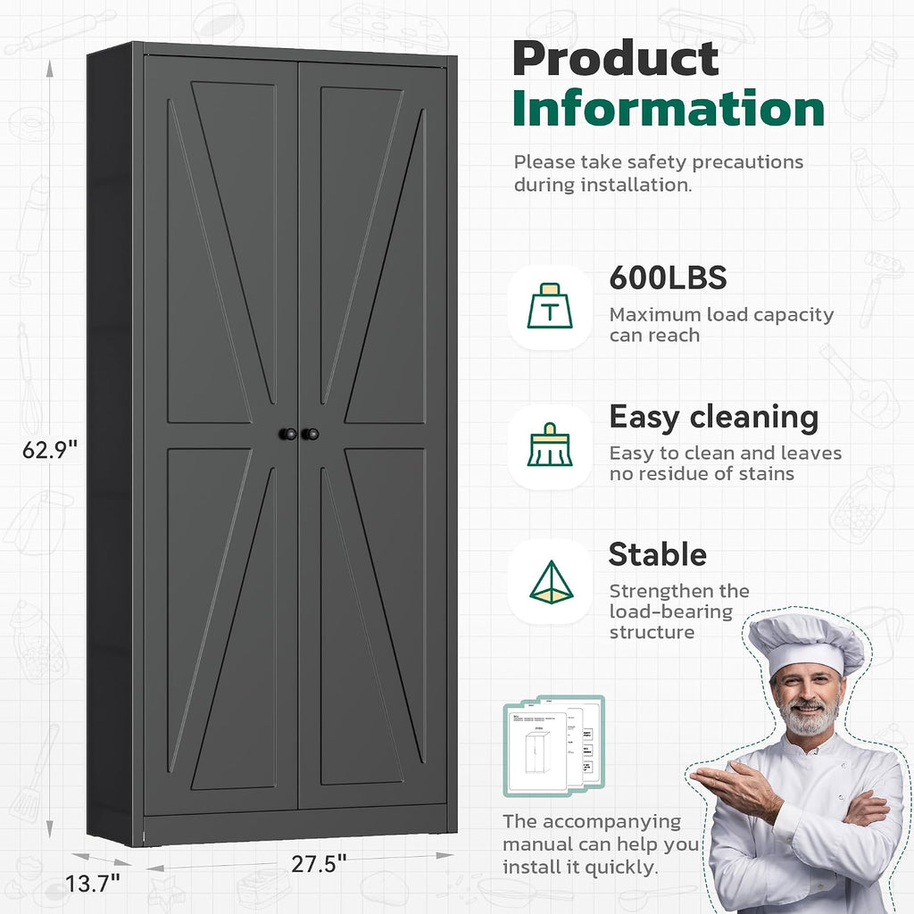 Greenvelly 63' H Black Farmhouse Metal Pantry Cabinet, Kitchen Pantry Storage Cabinets with 2 Doors and Adjustable Shelves, Kitchen Pantry Cabinets for Home, Garage and Bedroom
